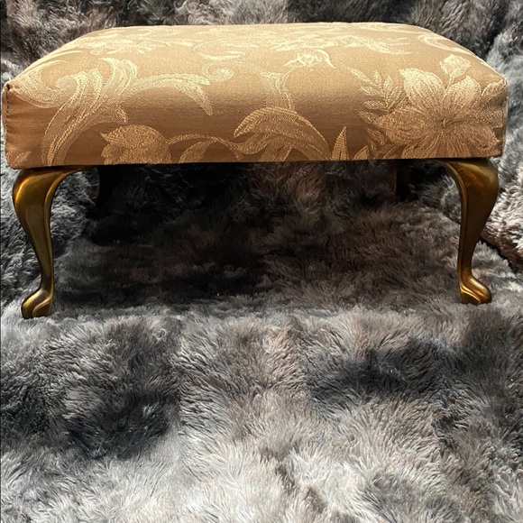 Upholstered Floral Accent foot stool in Tan with Gold/Copper colored Legs - Picture 13 of 16